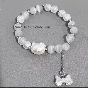 💲5⃣▶White Cat Pearl Bead Bracelet with Pearl Bow Charm